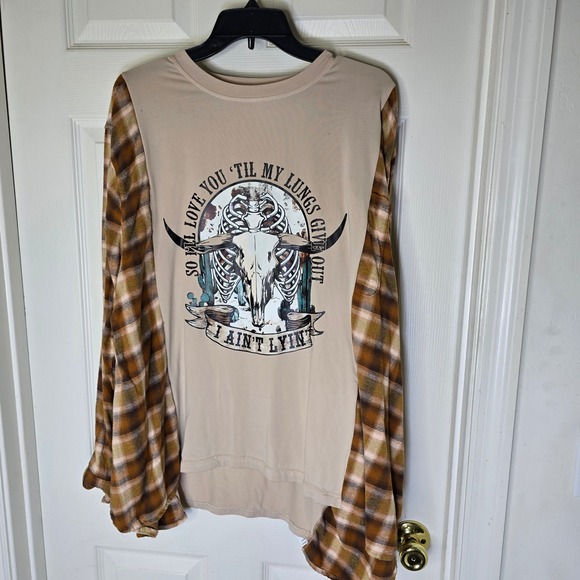 Tops - Upcycled tan‎ cow skull t-shirt with plaid flannel OS